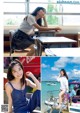 A collage of photos of a woman sitting at a table.