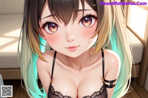 Anime girl with long blonde hair wearing a black bra.